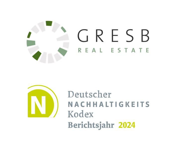 Ein Bild mit zwei Logos: Oben das GRESB Real Estate Logo mit einem kreisförmigen Symbol in Grüntönen und dem Schriftzug "GRESB Real Estate". Darunter das Logo des Deutschen Nachhaltigkeitskodex für das Berichtsjahr 2024, das ein gelbes "N" in einem grünen Kreis zeigt, gefolgt vom Text "Deutscher NACHHALTIGKEITS Kodex Berichtsjahr 2024".