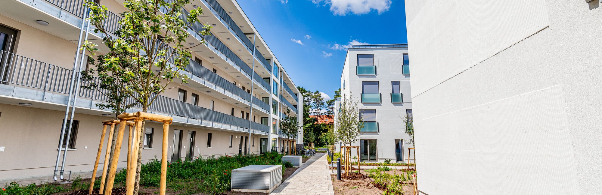  Ein moderner Fußweg führt zwischen zwei weißen Mehrfamilienhäusern mit Balkonen hindurch. Entlang des Weges und der Gebäude sind junge Bäume und bepflanzte Beete zu sehen.