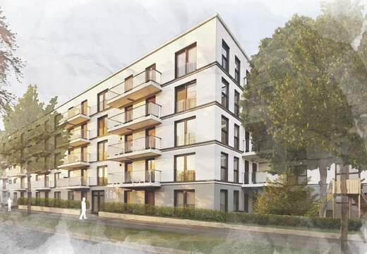 Moderne, vierstöckige Wohnanlage des Bauprojekts Plattlinger Straße in Regensburg mit weißer Fassade und großen Fenstern, umgeben von Bäumen und Grünflächen. Balkonbereiche an jeder Etage sind sichtbar, und ein Gehweg führt entlang der Vorderseite des Gebäudes.