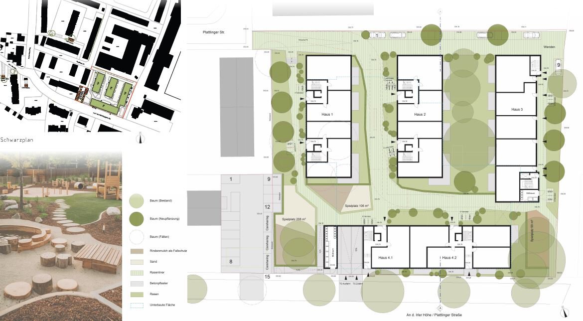 Stadtplan und Entwurf des Wohnkomplexes Plattlinger Straße in Regensburg mit vier Gebäuden, grünem Außenbereich und integrierten Gehwegen. Links oben eine detaillierte Karte der Umgebung, rechts eine Draufsicht auf die Gebäudestruktur mit umgebenden Grünflächen. Links unten ein Foto einer Außenanlage mit Sitzgelegenheiten aus Holz.